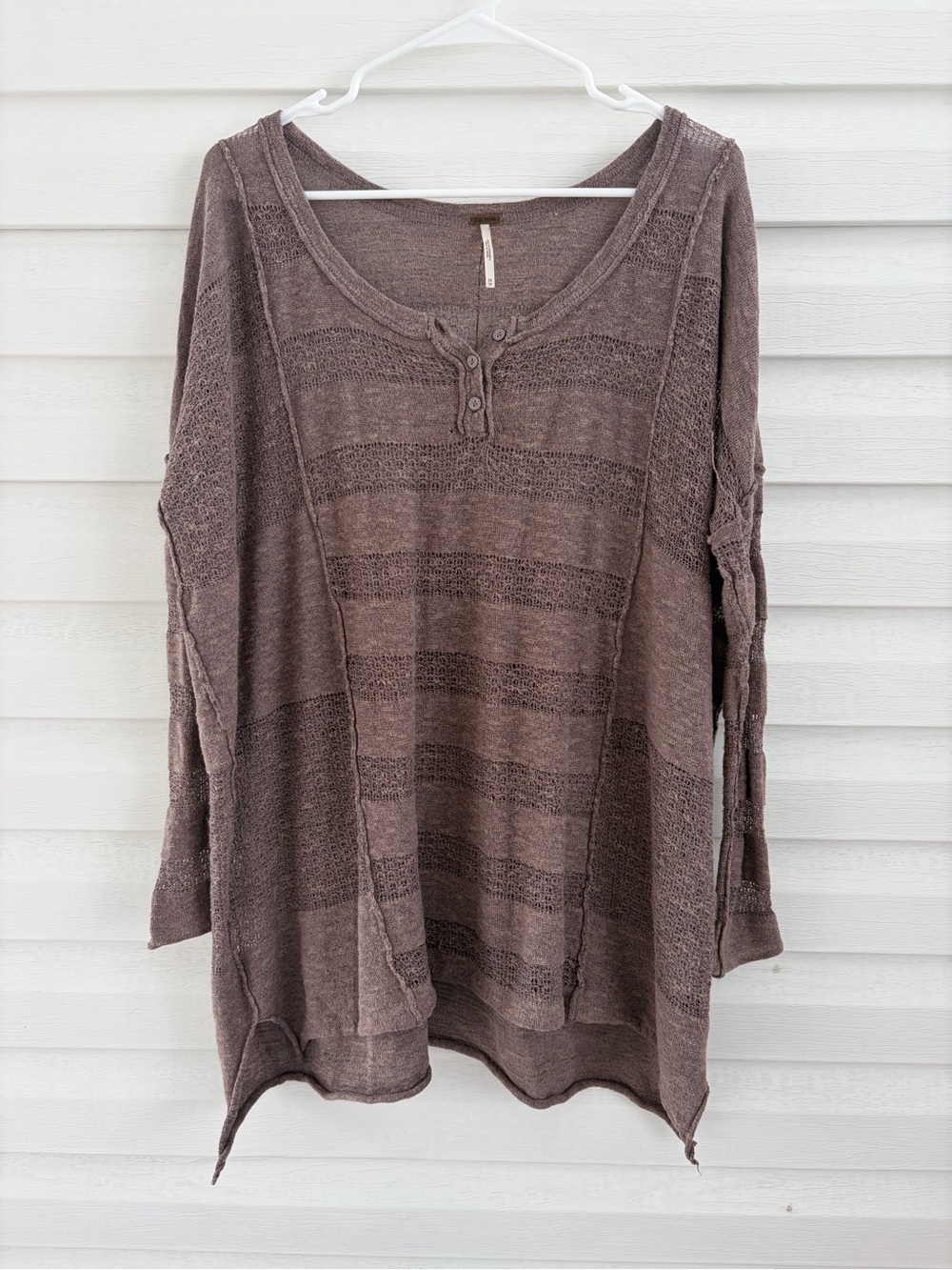Free People Taupe Linen Cotton Knit Henley Top XS Oversized Boho Tunic